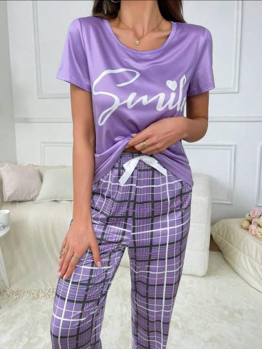 Purple Smile Printed Half Sleeves T-Shirt with Cheq Printed Pajama (CN-PNW-050)