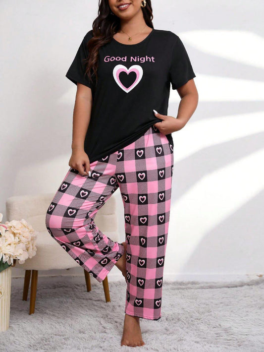 Black Good Night Printed Half Sleeves T-Shirt with Cheq Hearts Printed Pajama (CN-PNW-046)