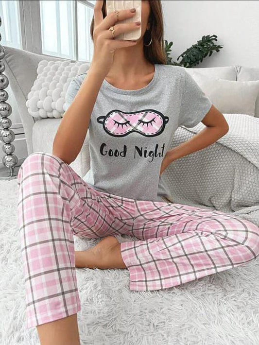 Grey Good Night Printed Half Sleeves T-shirt with Pink Cheq Printed Pajama (CN-PNW-049)