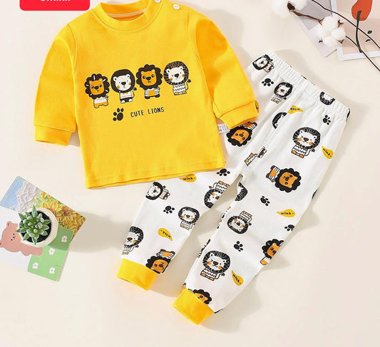 Yellow Cute Lion with White Lions Printed Full Sleeves Suit For Kids ( CN-KPS-042 )