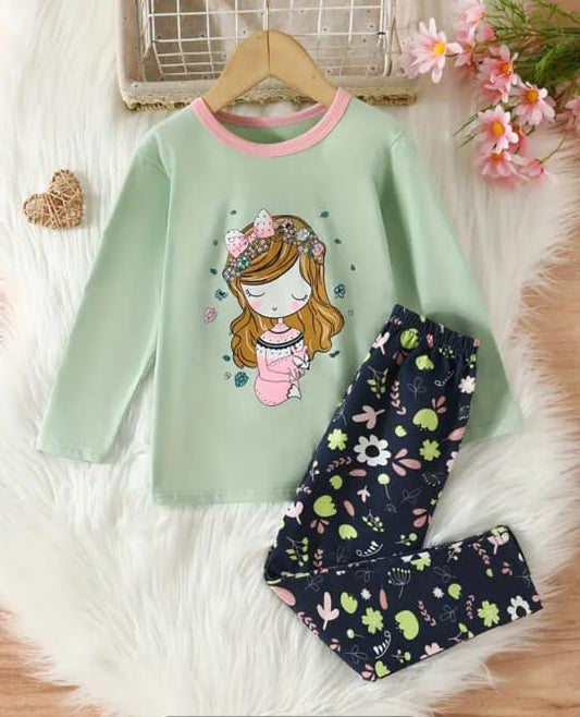 Green Princess with Black Flowers Printed Full Sleeves Suit For Kids ( CN-KPS-041 )