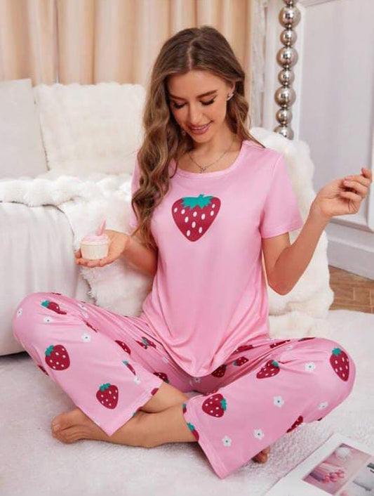 Pink Strawberry Printed Half Sleeves T-Shirt with Strawberries Printed Pajama (CN-PNW-055)