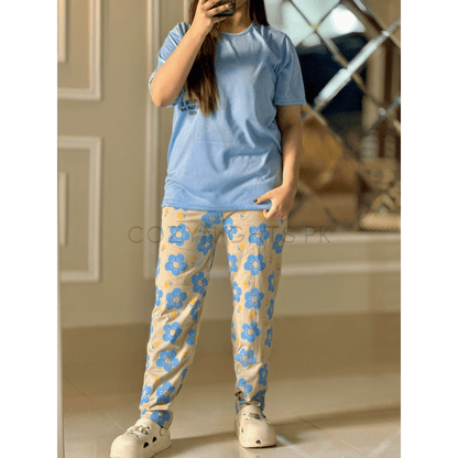 Ice Blue Floral Pocket Printed Half Sleeves T-Shirt with White Floral Printed Pajama (CN-PNW-039)