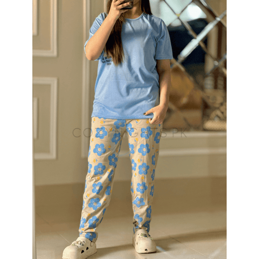 Ice Blue Floral Pocket Printed Half Sleeves T-Shirt with White Floral Printed Pajama (CN-PNW-039)