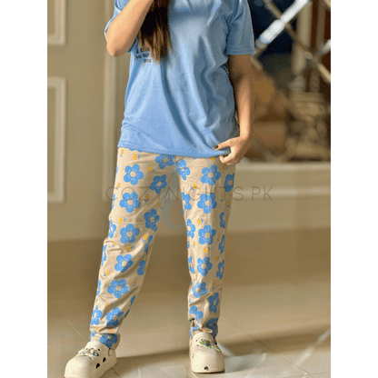 Ice Blue Floral Pocket Printed Half Sleeves T-Shirt with White Floral Printed Pajama (CN-PNW-039)